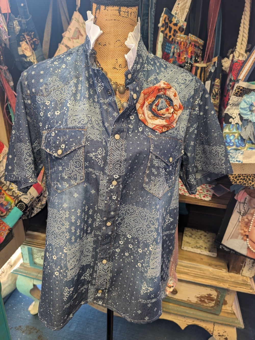 Blue Short-Sleeve Bandana Print Shirt